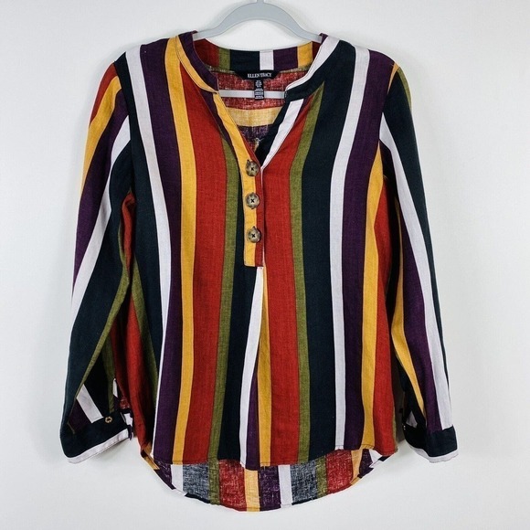 Ellen Tracy Size Small 100% Linen Striped Long Sleeve Top - Picture 1 of 5
